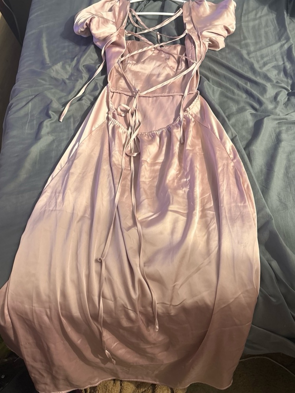Satin Lace-Up Midi Dress in Blush Pink